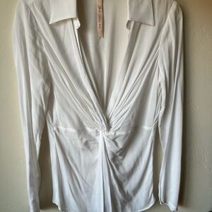 Bailey 44 Chato White Deep V Knot Twist Front Blouse Sz M Long Sleeve Slim Fit